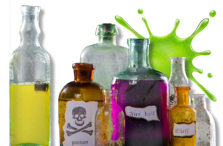 bottles of colorful potions with a green splash on the background