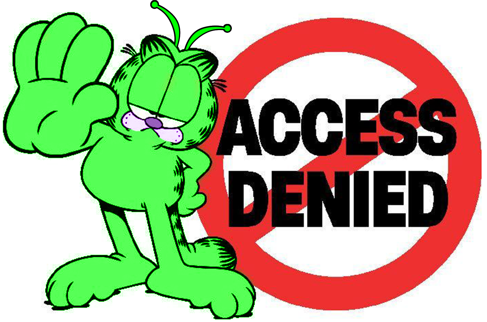 alien green garfield raising his hand saying 'access denied'